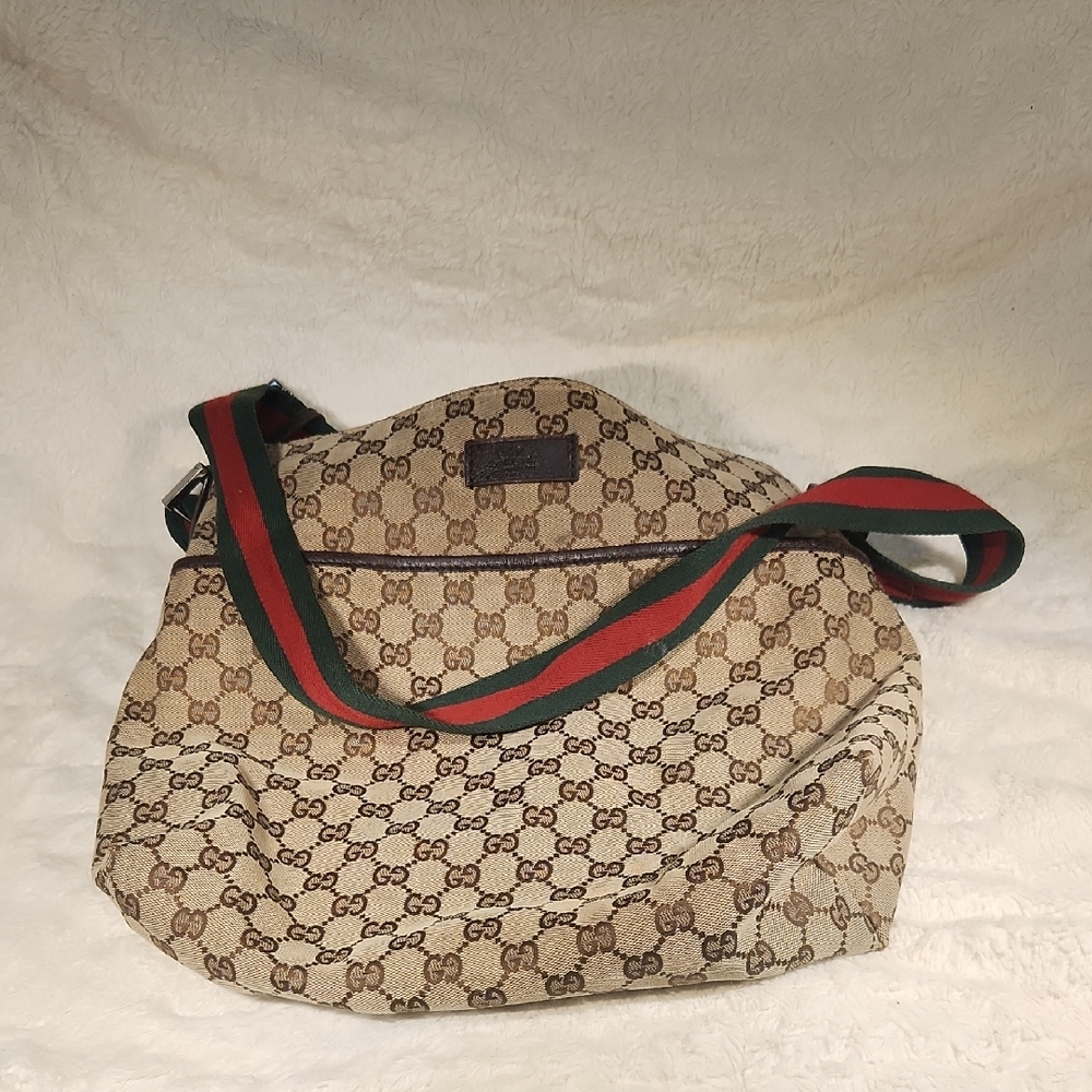 Gucci Tan Monogram Bag with Red and Green Strap
